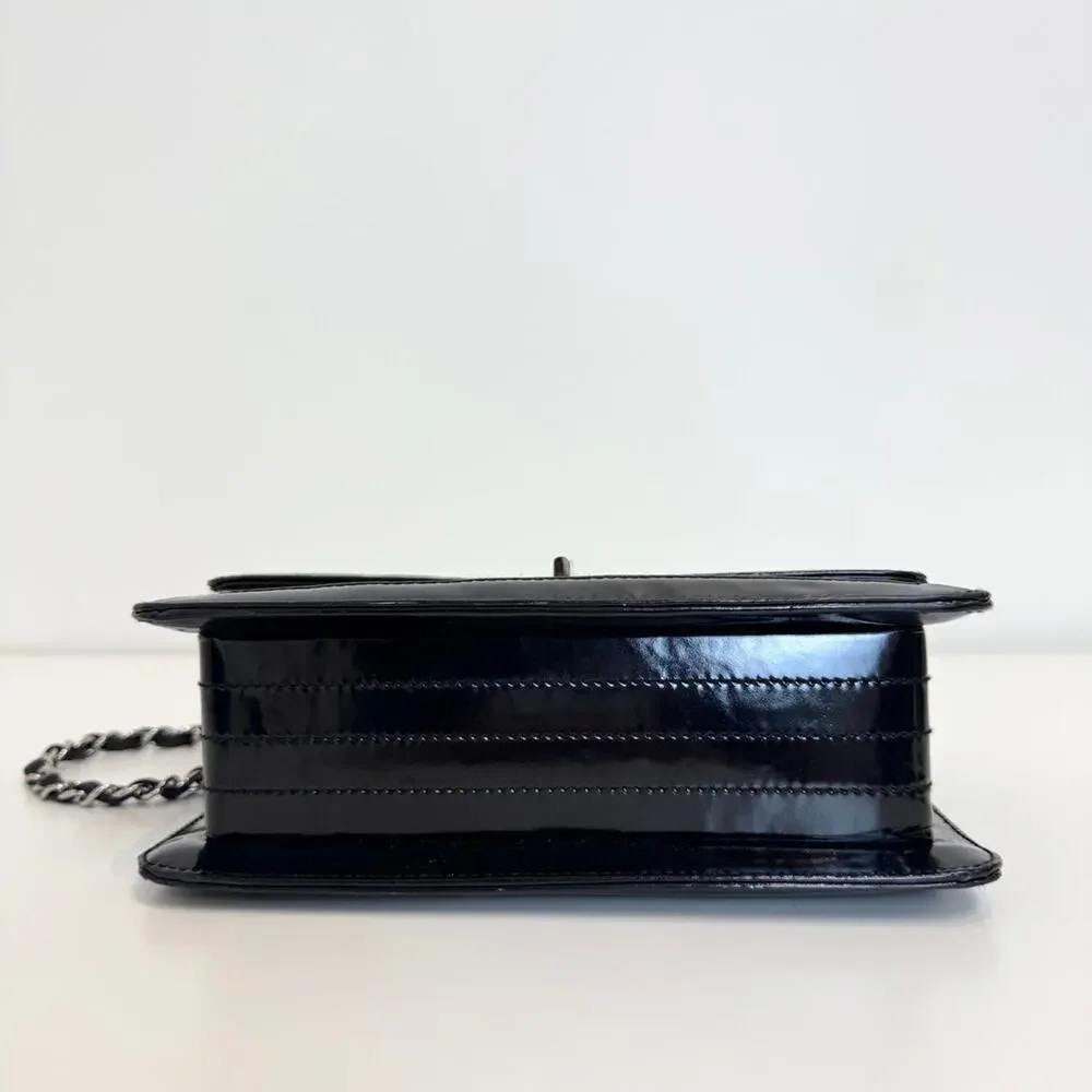 CHANEL Black Patent Quilted 2.55 Reissue Flap Shoulder Bag Silver Chain Leather